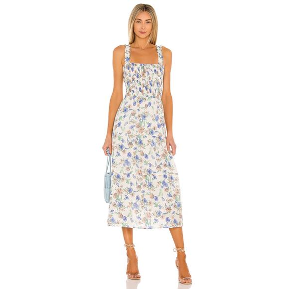 Heartloom Ronnie Dress Small Blue Floral Cotton Smocked Midi Revolve Cottagecore - Picture 3 of 7